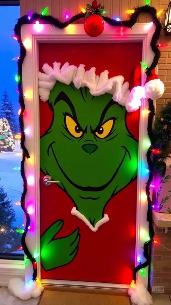A Grinch-themed door decoration with a green Grinch face and Santa hat, surrounded by Christmas lights.